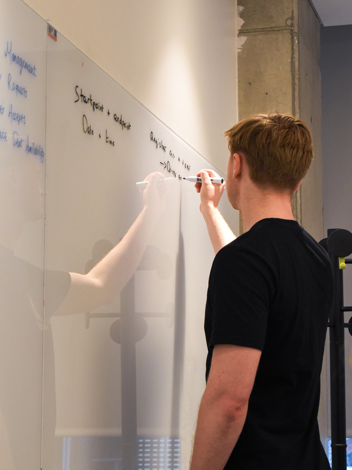 Photo of teammate writing on whiteboard